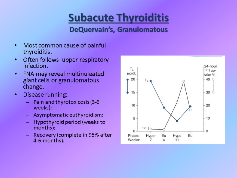 Subacute Thyroiditis DeQuervain’s, Granulomatous Most common cause of painful thyroiditis. Often follows  upper